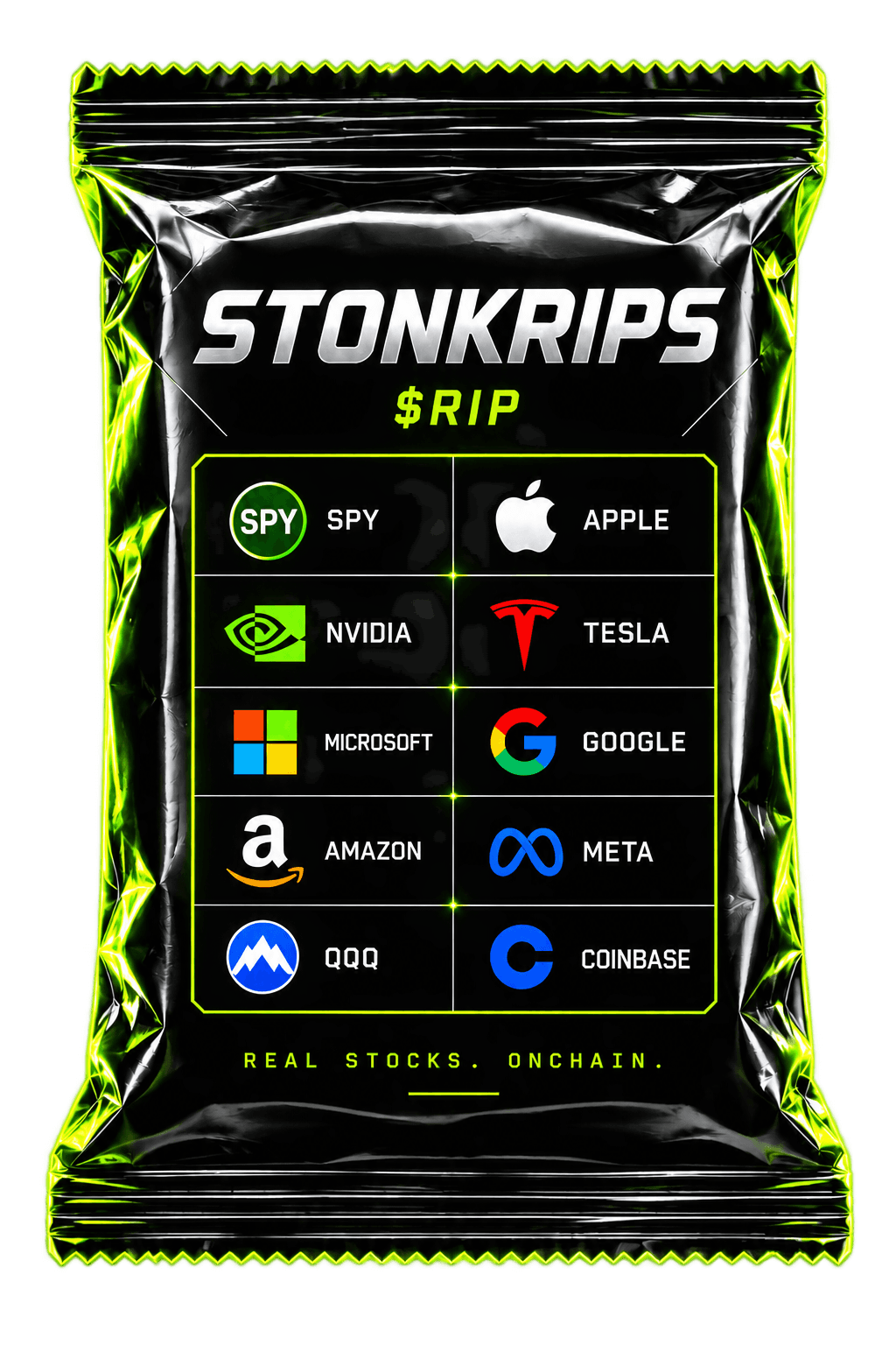 StonkRips black foil pack with authentic stock logos